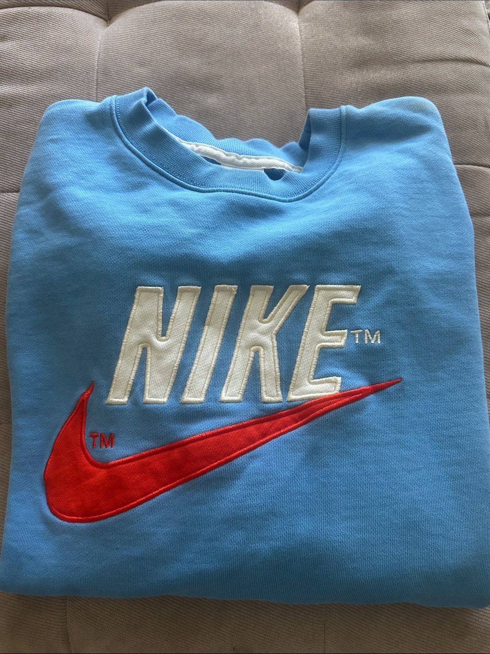 Nike Men’s Light Blue Crewneck Sweatshirt with Red Swoosh and White Logo